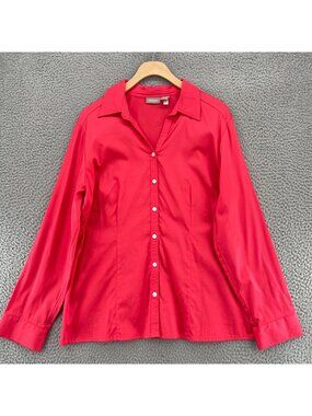 Chicos Shirt Womens 2 US Large Red Button Up V Neck Collar Long Sleeve Everyday